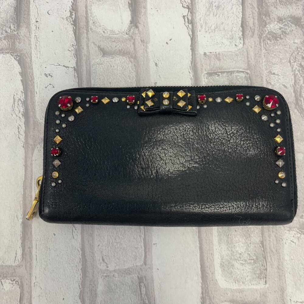 MIU MIU Madras Borchie Zippy Wallet in Black Calfskin Leather - Preowned